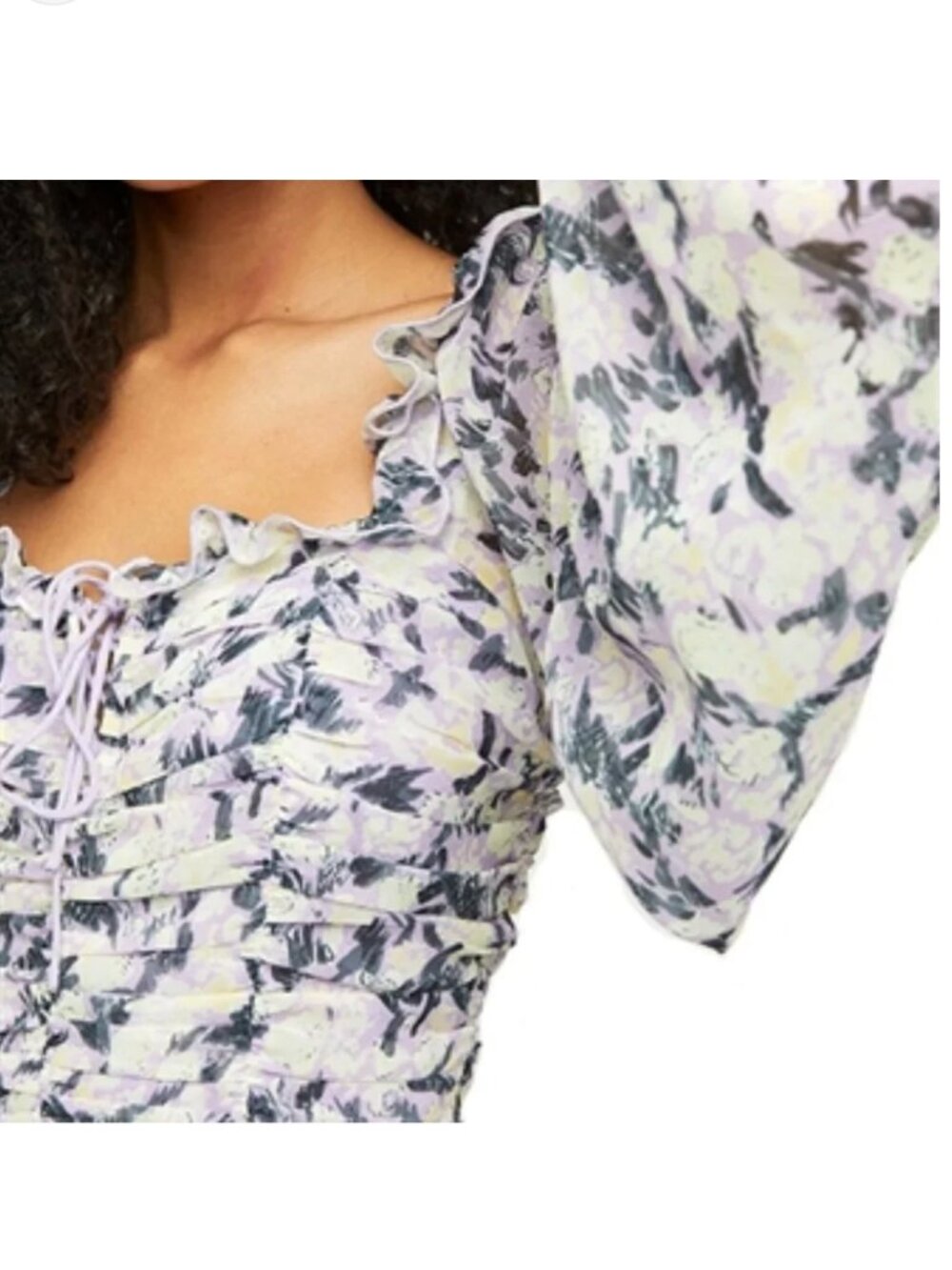 Free People Floral Ruched Blouse Top Puff Sleeve Tie Front Cottagecore Boho M - Picture 5 of 16